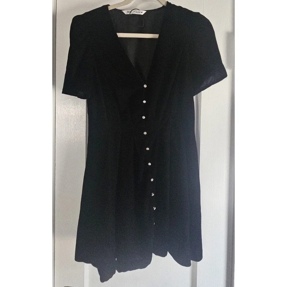 ZARA black velvet mini dress crystal embellished buttons woman sz S